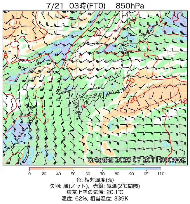 2025年7月21日の日本周辺の850hPa天気図（3時）