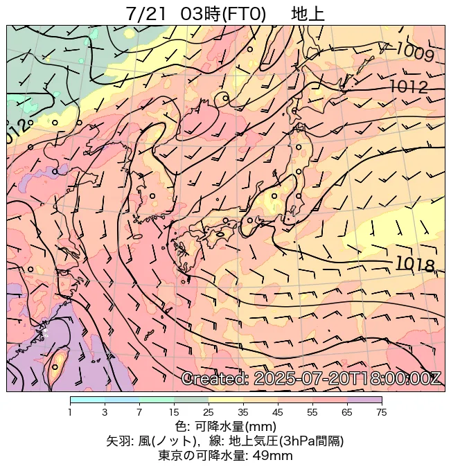 2025年7月21日の日本周辺の地上天気図（3時）