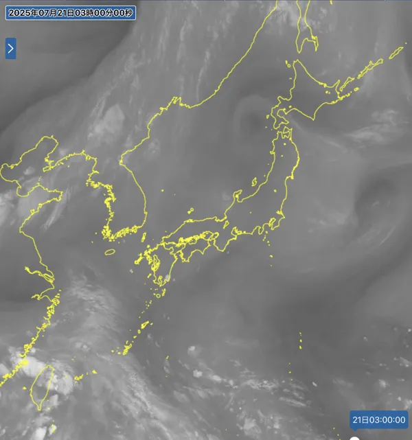 2025年7月21日3時の日本周辺の衛星水蒸気画像