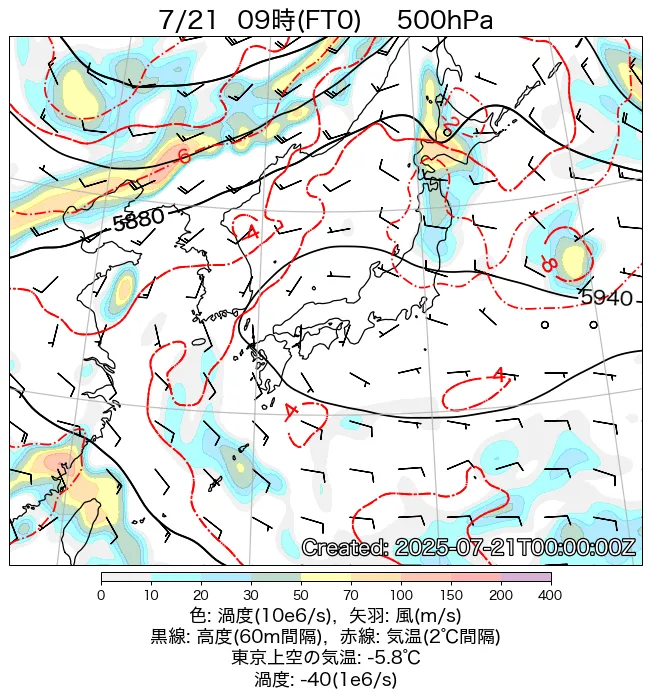2025年7月21日の日本周辺の500hPa天気図（9時）