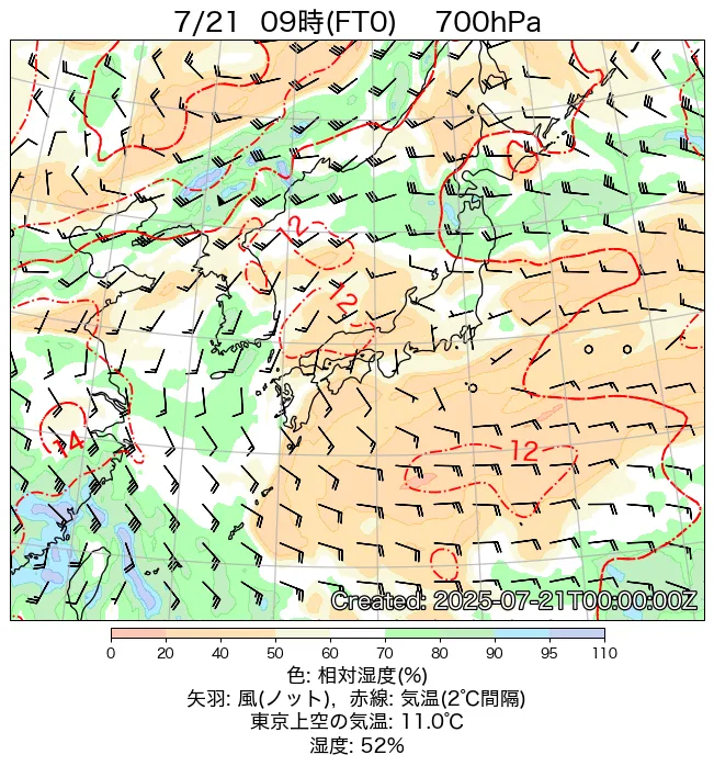 2025年7月21日の日本周辺の700hPa天気図（9時）