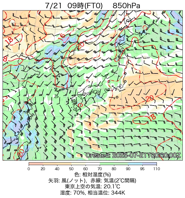2025年7月21日の日本周辺の850hPa天気図（9時）
