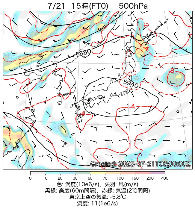 2025年7月21日の日本周辺の500hPa天気図（15時）