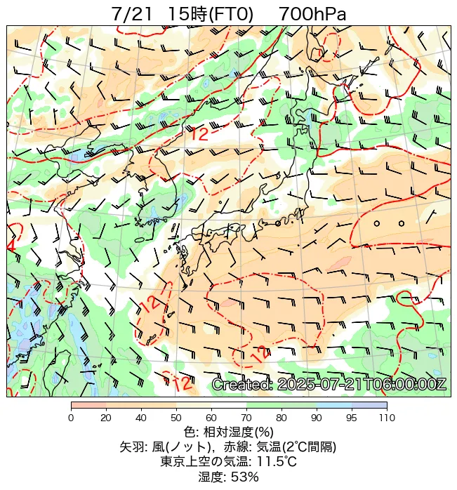 2025年7月21日の日本周辺の700hPa天気図（15時）
