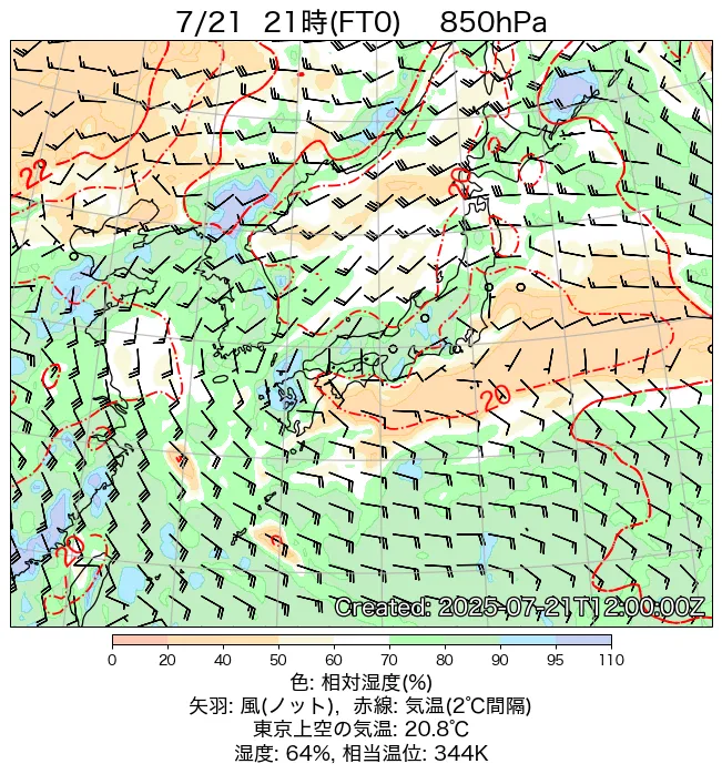 2025年7月21日の日本周辺の850hPa天気図（21時）