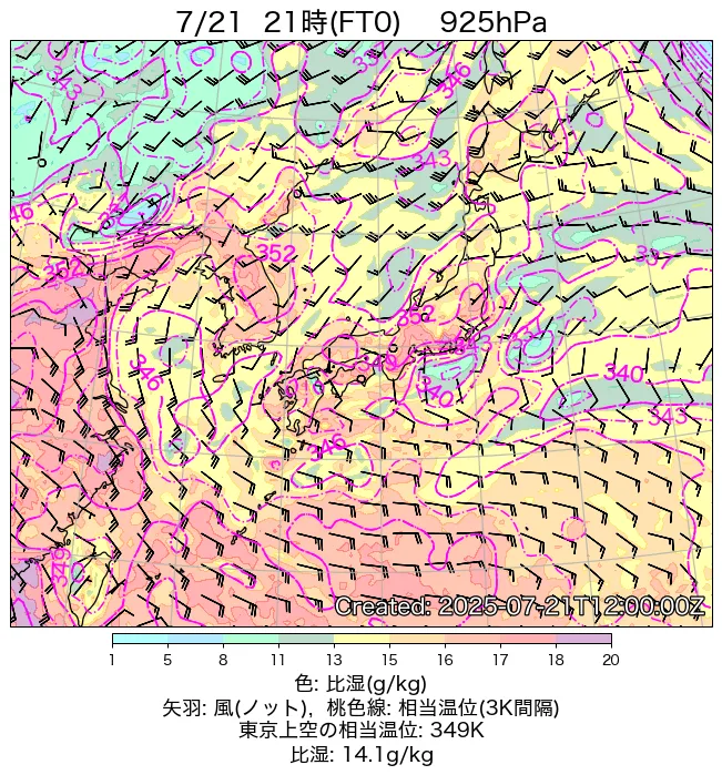 2025年7月21日の日本周辺の925hPa天気図（21時）