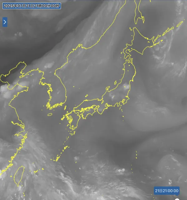 2025年7月21日21時の日本周辺の衛星水蒸気画像