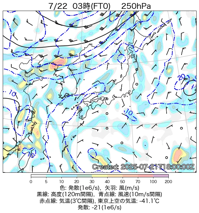 2025年7月22日の日本周辺の250hPa天気図（3時）