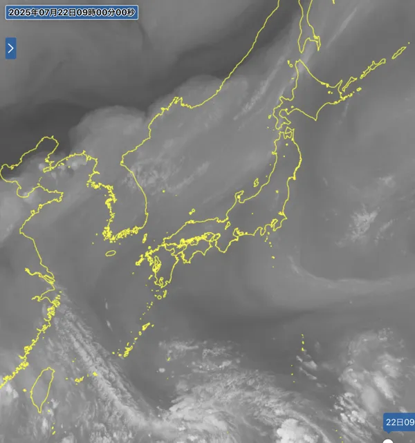 2025年7月22日の日本周辺の衛星水蒸気画像（9時）