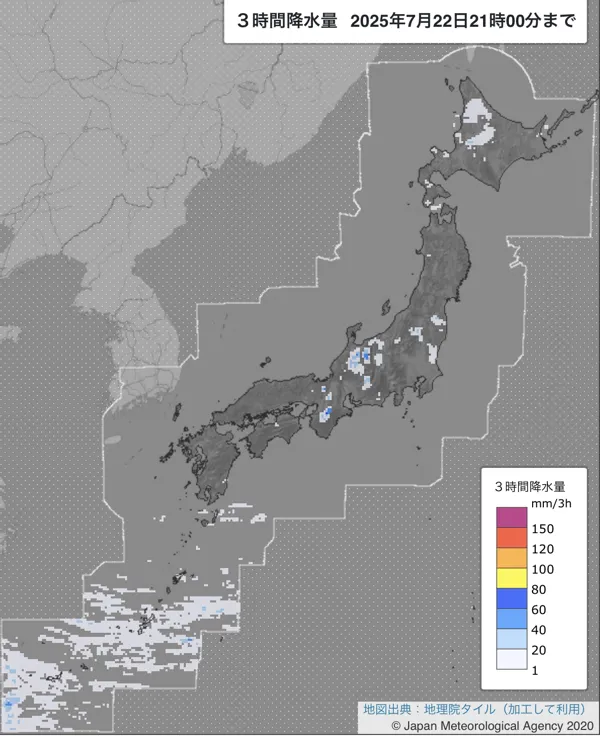 2025年7月22日の日本周辺の18〜21時の3時間解析降水量