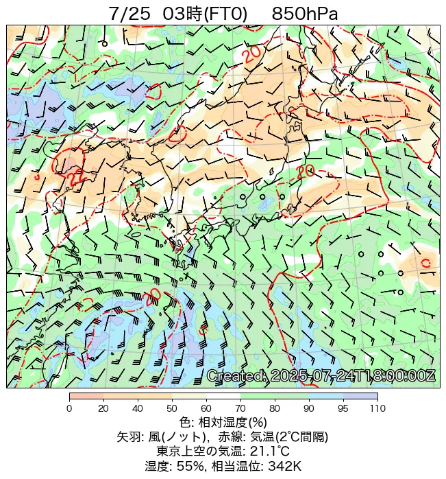 2025年7月25日の日本周辺の850hPa天気図（3時）