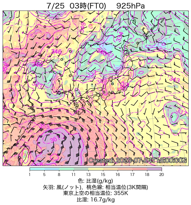 2025年7月25日の日本周辺の925hPa天気図（3時）