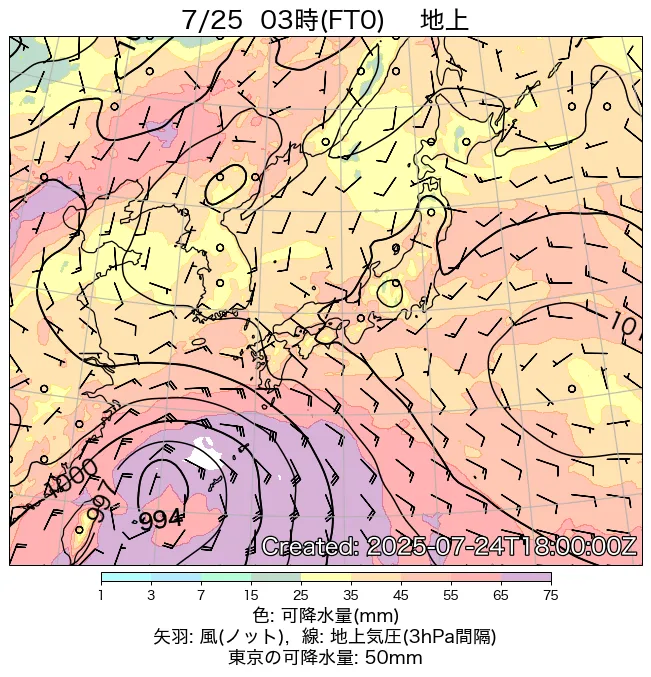 2025年7月25日の日本周辺の地上天気図（3時）