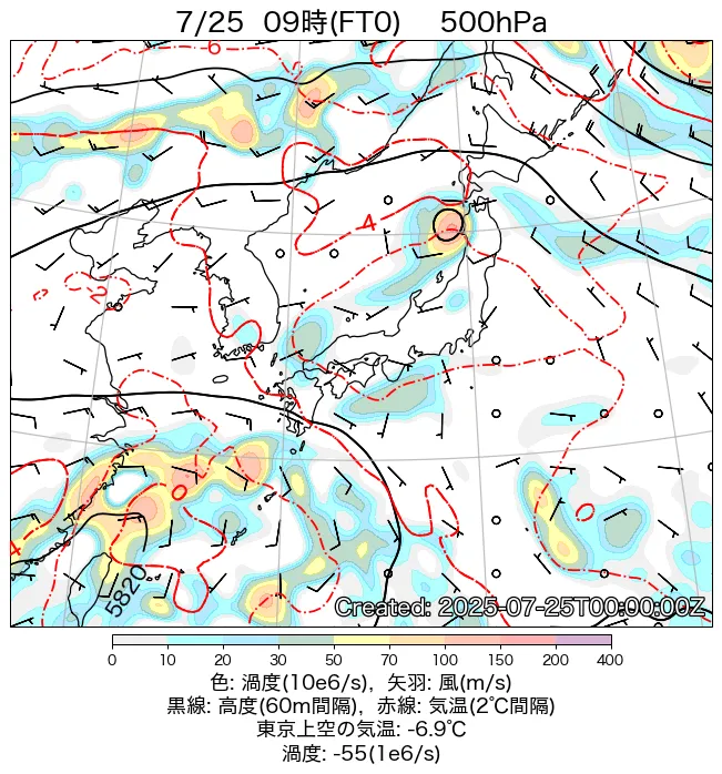 2025年7月25日の日本周辺の500hPa天気図（9時）