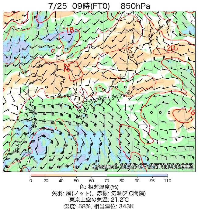 2025年7月25日の日本周辺の850hPa天気図（9時）