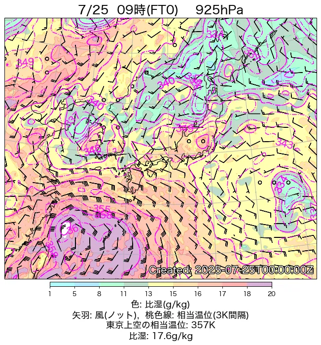 2025年7月25日の日本周辺の925hPa天気図（9時）