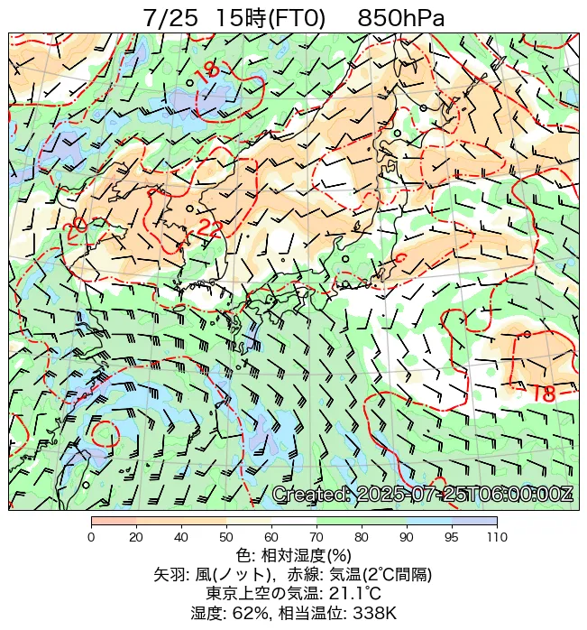 2025年7月25日の日本周辺の850hPa天気図（15時）
