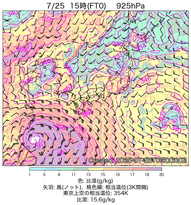2025年7月25日の日本周辺の925hPa天気図（15時）
