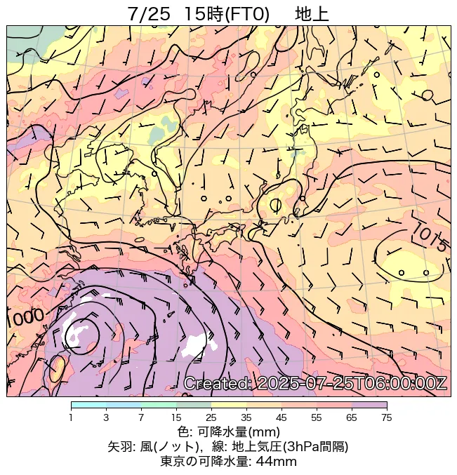 2025年7月25日の日本周辺の地上天気図（15時）