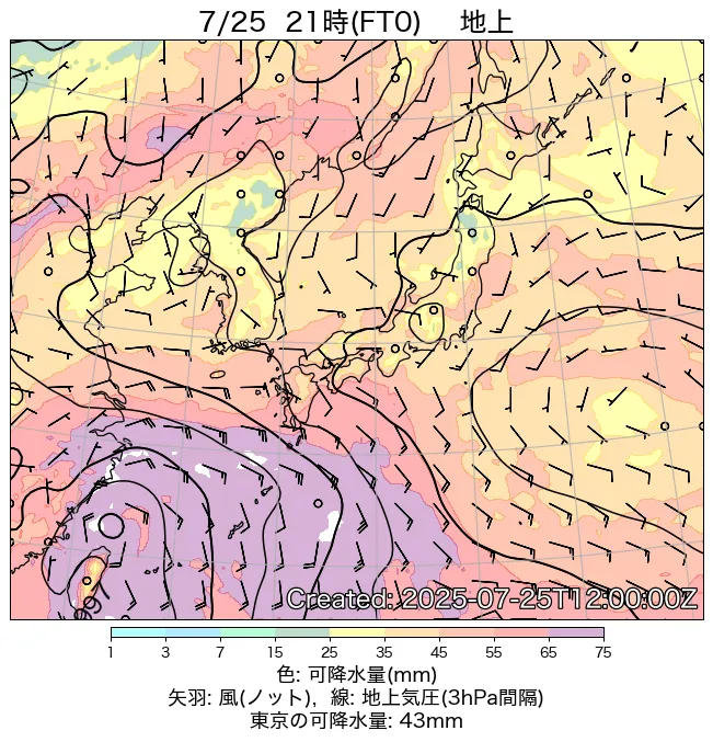 2025年7月25日の日本周辺の地上天気図（21時）