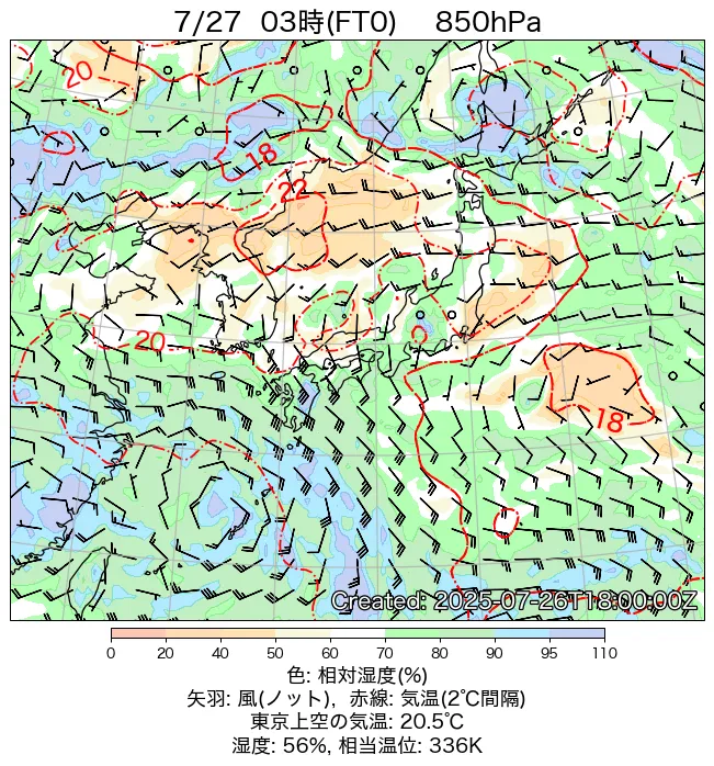 2025年7月27日の日本周辺の850hPa天気図（3時）
