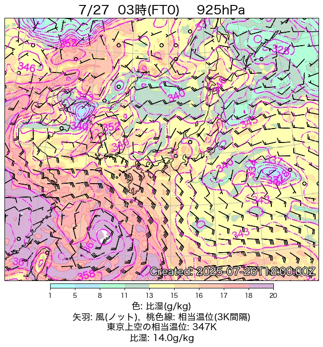 2025年7月27日の日本周辺の925hPa天気図（3時）