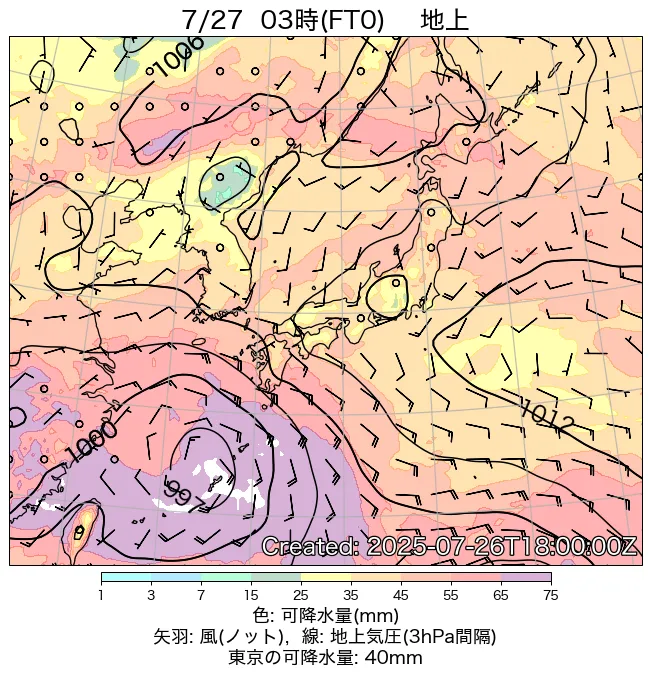 2025年7月27日の日本周辺の地上天気図（3時）
