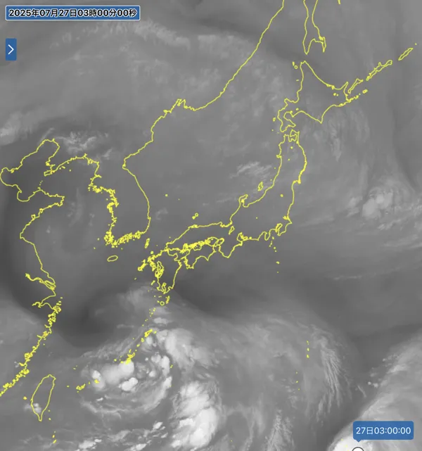 2025年7月27日3時の日本周辺の衛星水蒸気画像