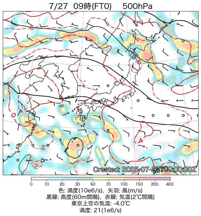 2025年7月27日の日本周辺の500hPa天気図（9時）