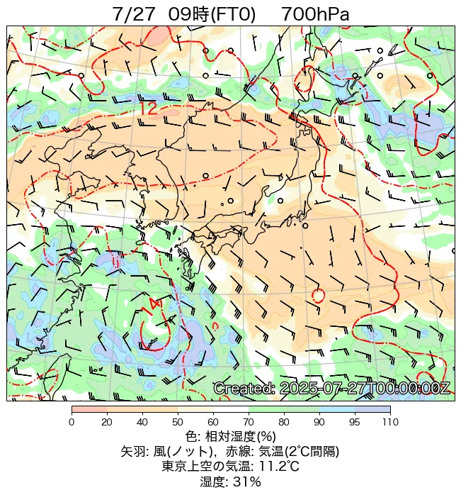 2025年7月27日の日本周辺の700hPa天気図（9時）