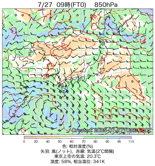 2025年7月27日の日本周辺の850hPa天気図（9時）