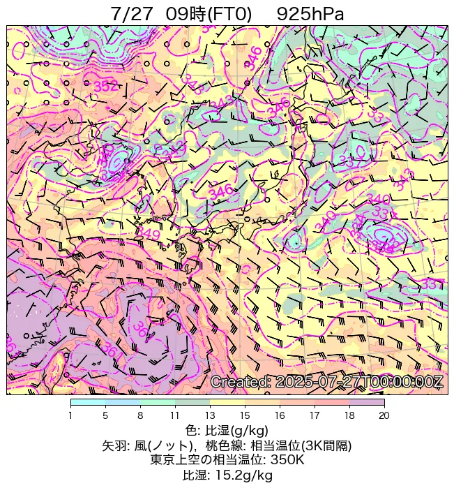 2025年7月27日の日本周辺の925hPa天気図（9時）