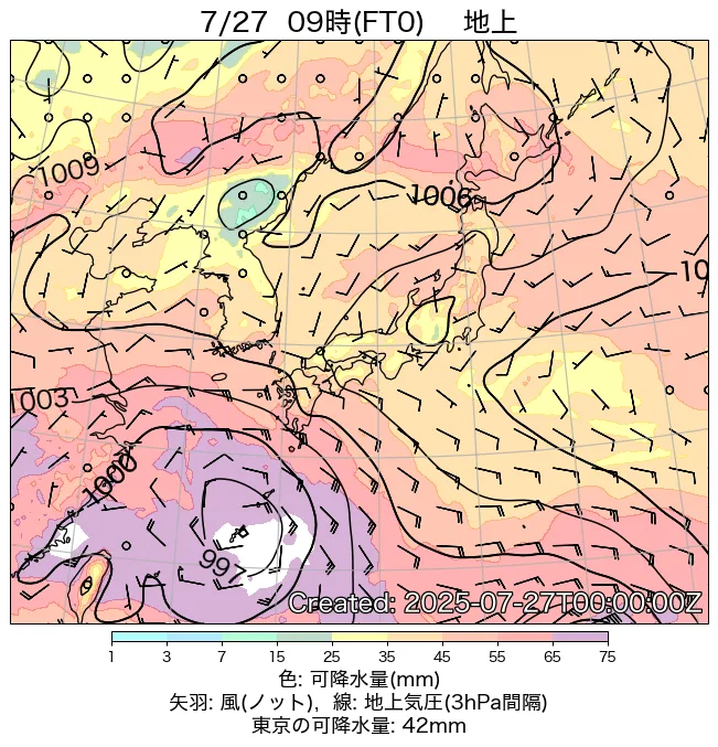 2025年7月27日の日本周辺の地上天気図（9時）