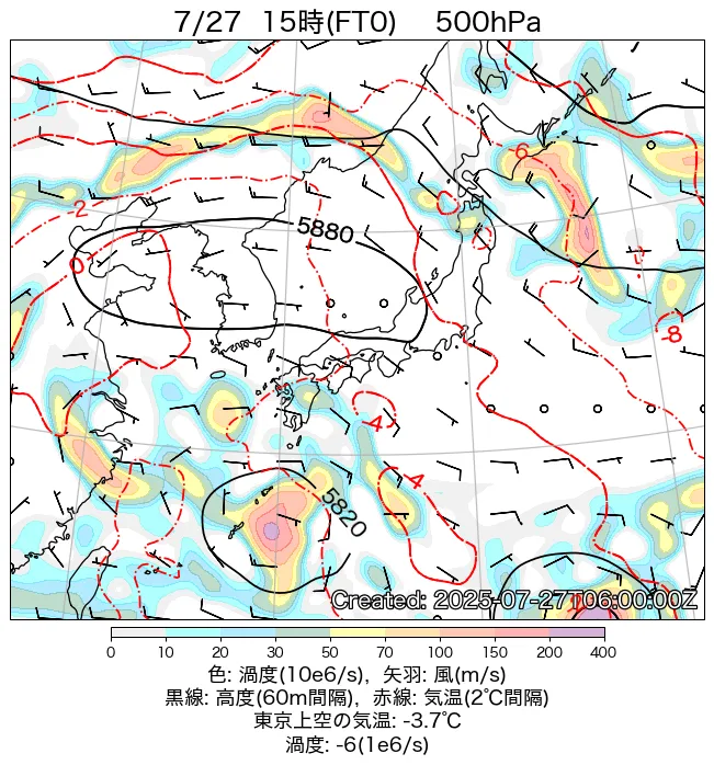 2025年7月27日の日本周辺の500hPa天気図（15時）