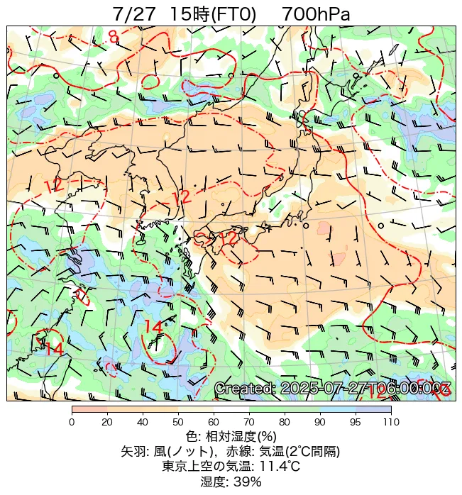 2025年7月27日の日本周辺の700hPa天気図（15時）