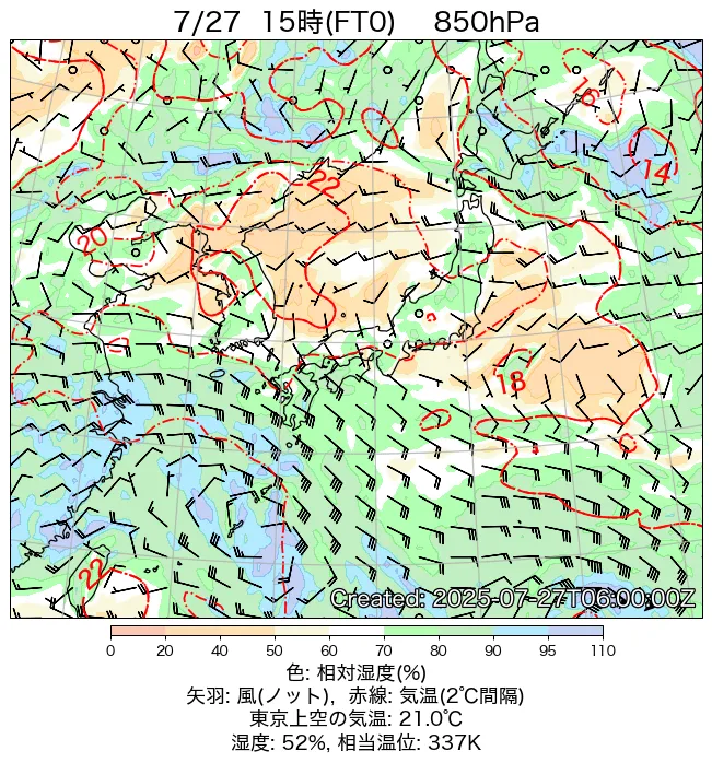 2025年7月27日の日本周辺の850hPa天気図（15時）