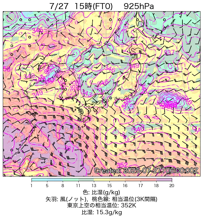 2025年7月27日の日本周辺の925hPa天気図（15時）