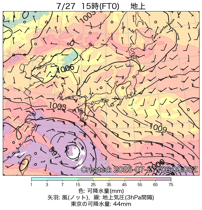 2025年7月27日の日本周辺の地上天気図（15時）