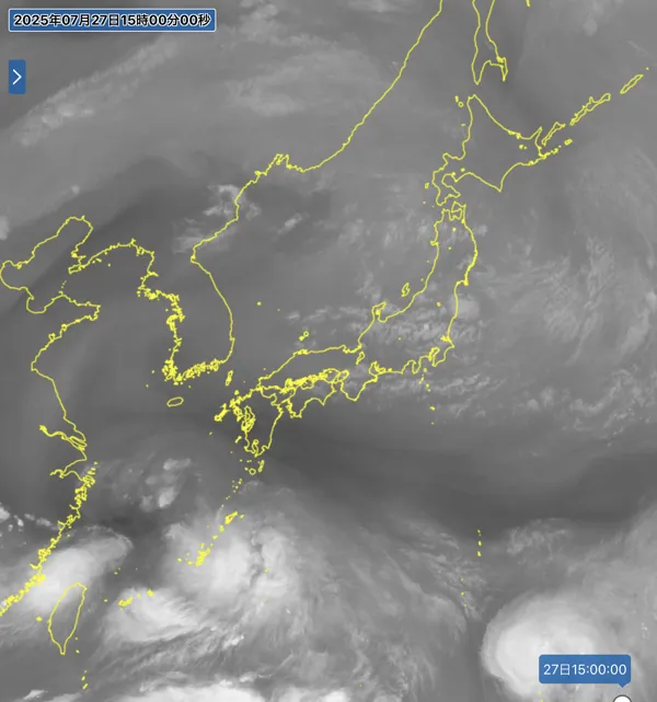 2025年7月27日15時の日本周辺の衛星水蒸気画像