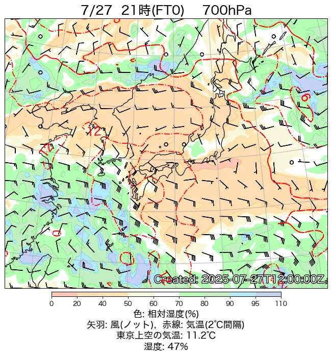 2025年7月27日の日本周辺の700hPa天気図（21時）