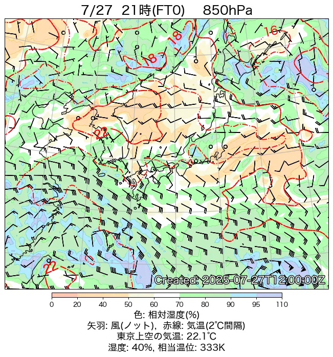 2025年7月27日の日本周辺の850hPa天気図（21時）