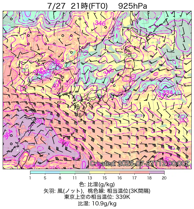 2025年7月27日の日本周辺の925hPa天気図（21時）