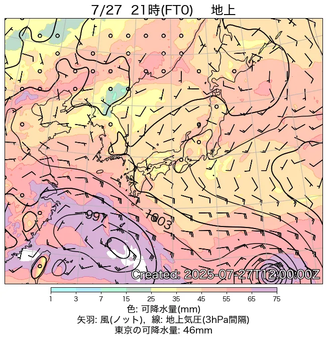 2025年7月27日の日本周辺の地上天気図（21時）