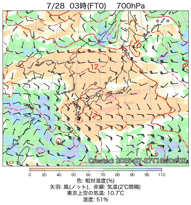 2025年7月28日の日本周辺の700hPa天気図（3時）