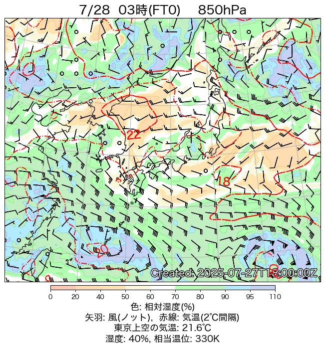 2025年7月28日の日本周辺の850hPa天気図（3時）