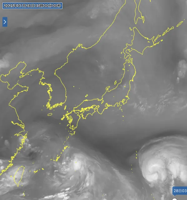 2025年7月28日3時の日本周辺の衛星水蒸気画像