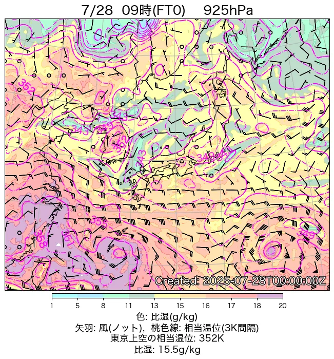 2025年7月28日の日本周辺の925hPa天気図（9時）