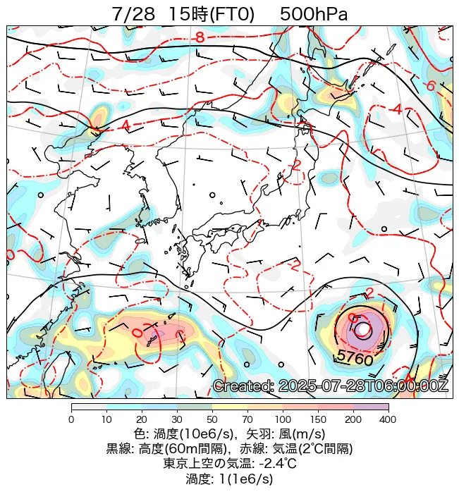 2025年7月28日の日本周辺の500hPa天気図（15時）
