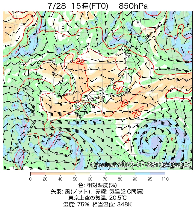 2025年7月28日の日本周辺の850hPa天気図（15時）