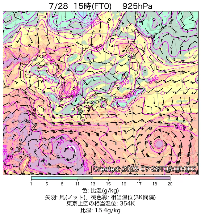 2025年7月28日の日本周辺の925hPa天気図（15時）